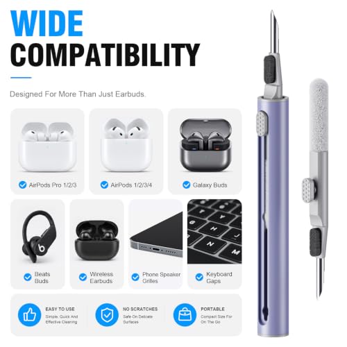 Hyashee Cleaner Kit for Airpods Pro 1 2 3 Multi-Function Cleaning Pen with Soft Brush Flocking Sponge for Bluetooth Earphones Case Cleaning Tools (Lavender Purple) - color: Lavender Purple