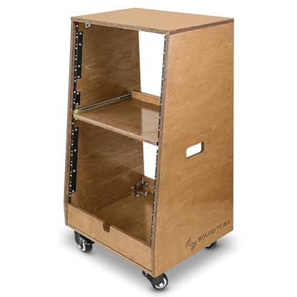 Sound Town DIY Slanted 16U Studio Rack (8U Top + 8U Lower), with 2U Bottom Storage, Slide-Out Tray, Caster, Plywood, Weathered Brown for Recording Room, Home Studio (SDRK-ST16TB) - size: 16U(8U Top + 8U Lower),Weathered Brown