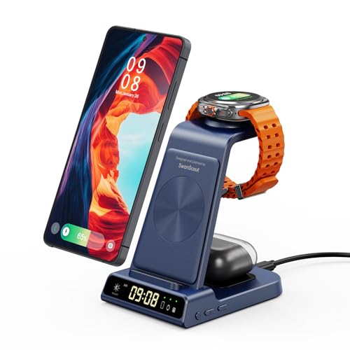 3 in 1 Wireless Charger for Samsung Galaxy S26 Ultra, Galaxy Watch 8, Buds | Dimmable LED clock, Dual-angle charging stand, Case-friendly, Compact & space-saving, Multi-protection, Charging indicator - color: Blue