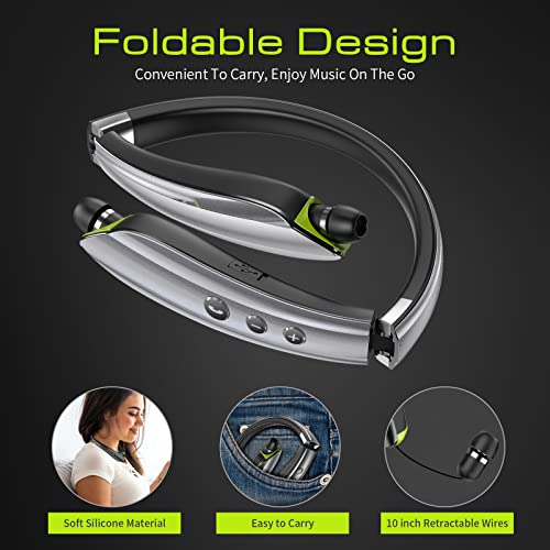 Bluetooth Headset, Neckband Bluetooth Headphones with Retractable Earbuds | 2026 Upgraded Noise Cancelling Stereo Earphones with Mic, Foldable Wireless Headphones for Sports Office w/Carry Case(Grey) - color: Grey