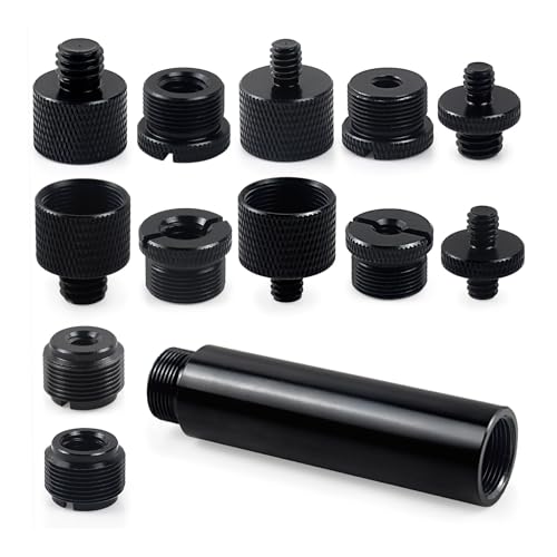 13 Pack Microphone Stand Adapter Screws with Extension Tube,Black Aluminum Alloy,3/8 to 5/8 and 1/4 Threaded Screw Mount for Mic Boom Arm,Camera Tripod,Projector Stand Arm,Fill Light