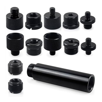13 Pack Microphone Stand Adapter Screws with Extension Tube,Black Aluminum Alloy,3/8 to 5/8 and 1/4 Threaded Screw Mount for Mic Boom Arm,Camera Tripod,Projector Stand Arm,Fill Light