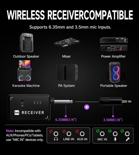 Wireless Microphone, Rechargeable Wireless Microphones with One-to-One Chip Connection and LED Lights, 40H Duration, 200FT Range Receiving, Less Latency Karaoke Microphone for Singing, Speech, Party - color: Black