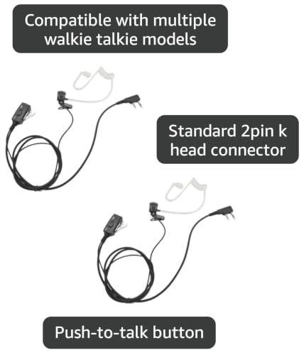 2Pack VOX Ptt Earpiece with Mic Acoustic Tube Walkie Talkie Headset FBI Style Earpiece for 2 Pin uv 5r 888s bf-f8hp rt 21 22 2-Way Radios