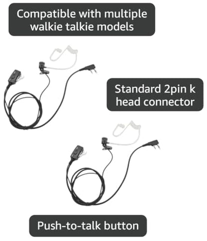 2Pack VOX Ptt Earpiece with Mic Acoustic Tube Walkie Talkie Headset FBI Style Earpiece for 2 Pin uv 5r 888s bf-f8hp rt 21 22 2-Way Radios