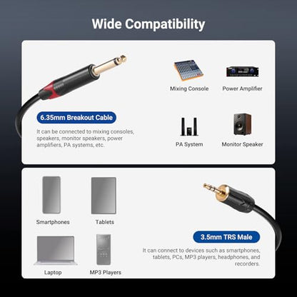 NEEWER 3.5mm 1/8 TRS to 1/4 Dual 6.35mm TS Breakout Cable, 3 ft Male to Male Stereo Audio Splitter Cord Adapter for Phone Tablet Laptop Computer Mixer Speaker Studio Monitor PA System, MS027 - size: 3.5mm（91cm）, style: Dual TS Male