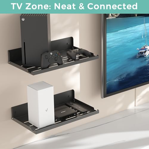 Router Shelf Wall Mount Foldable - 14" Width for Router and Modem | Fold Up Metal Shelf w/Cable Hole & Heat Vents | Space-Saving Holder for WiFi Devices/TV Box (14" W×8" D, Black) - color: Black (14-inch)