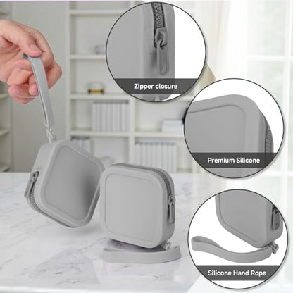 2 PCS Silicone Headphone Organizer Carrying Case, Small Multi-Purpose Silicone Pouch Storage Box with Zipper Closure and Hand Strap for Earbuds, Keys, Charging Cables, Lipsticks, USB Drives (Grey)