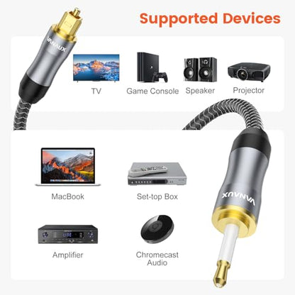 VANAUX Toslink to Mini Toslink Digital Optical Cable,S/PDIF Fiber Optic Audio Cable,24K Gold Plated for TV,Soundbars,Stereo Systems【Not A 3.5mm Auxiliary Plug】(20ft/6m) - size: 20 ft