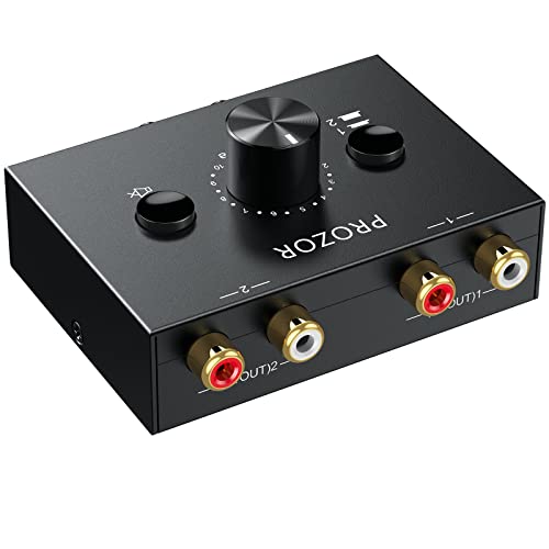 PROZOR RCA Stereo Audio Switcher - 2 in 1 Out R/L Stereo Audio Switch, 1 in 2 Out Stereo Audio Switcher Selector with Mute Button and No External Power Required (Black 2-1) | RCA L/R Stereo Switch with Volume Control, Mute Button, Passive Design and No Ex