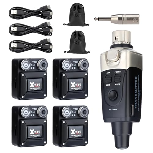Xvive U45R4 Wireless in Ear Monitor System 5.8ghz IEM System 1 Transmitter and 4 Bodypack Receiver, Black - color: U45R4 BLACK