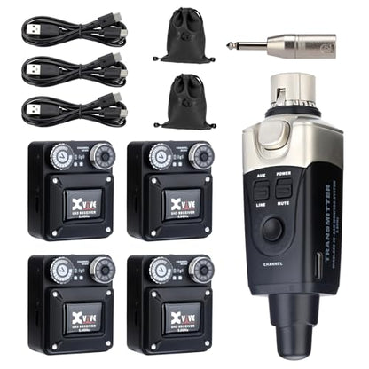 Xvive U45R4 Wireless in Ear Monitor System 5.8ghz IEM System 1 Transmitter and 4 Bodypack Receiver, Black - color: U45R4 BLACK