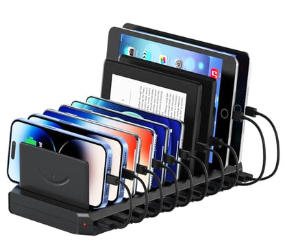 USB Charging Station for Multiple Devices, 10 Port 60W Multiple USB Charger Station with Adjustable Dividers, Fast Charging Station Hub for Hotels, Shops, Schools, Shopping Malls and Travel