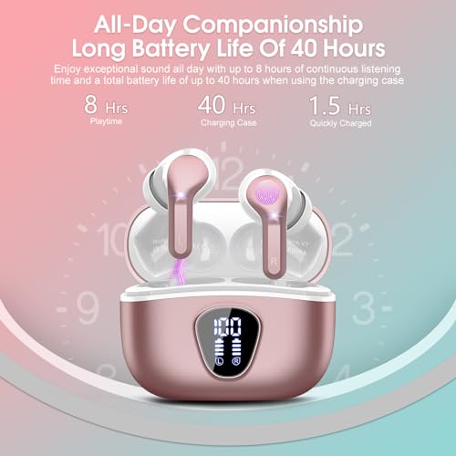 Wireless Earbuds, Bluetooth 5.4 Headphones HiFi Stereo, Bluetooth Earbuds | With ENC Noise Cancelling Mic, IP7 Waterproof in Ear Earphones, 48H, LED Display Ear buds for Pad Phones Workout, Rose Gold - color: Rose Gold
