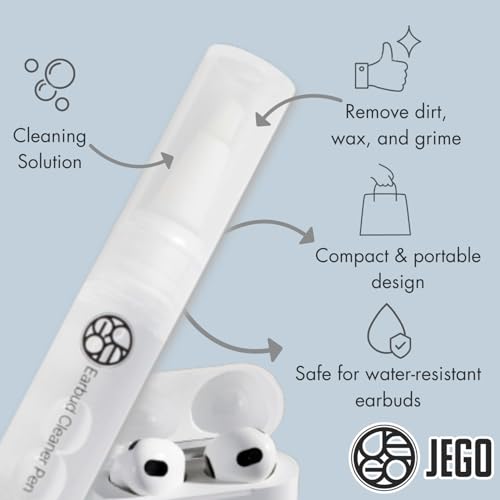 JEGO Earbud Cleaner Pen – The Only One with Liquid Cleaning Solution - with Brush Tip - Ideal for Earbuds & in-Ear Headphones - Compact & Portable Earbud Cleaning Kit - 2.8 ml Solution