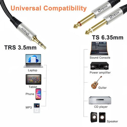 DTECH 3ft 3.5mm to 1/4 Adapter Audio Stereo Cable TRS 1/8 to Dual Quarter Inch TS 6.35mm Y Splitter Guitar AMP Aux Cord for Headphones Jack Laptop Speaker Phone Mixer - size: 3ft