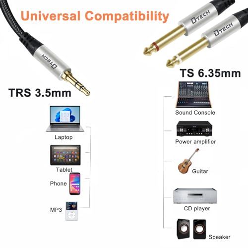 DTECH 5ft 3.5mm to 1/4 Adapter Audio Stereo Cable TRS 1/8 to Dual Quarter Inch TS 6.35mm Y Splitter Guitar AMP Aux Cord for Headphones Jack Laptop Speaker Phone Mixer - size: 5ft