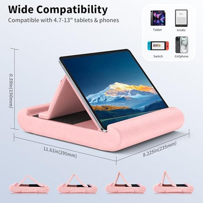 Tablet Pillow Stand, Foldable Tablet Holder for Lap, Bed, Soft Pillow Pad | with Pocket and Stylus Mount, for 4-13" Tablets, Like iPad Pro 11, 13, Air, Mini, Kindle, Galaxy Tab, Pink - color: Pink