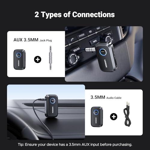 UGREEN Bluetooth 5.4 Car Adapter, Hands-Free Call & Noise Cancelling AUX to Bluetooth Adapter for Car, 3.5mm Audio Blue-Tooth Receiver for Cars Stereo Home Speaker - 15H Battery Life - color: Black