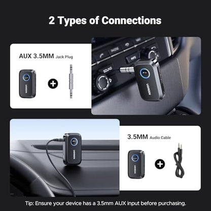 UGREEN Bluetooth 5.4 Car Adapter, Hands-Free Call & Noise Cancelling AUX to Bluetooth Adapter for Car, 3.5mm Audio Blue-Tooth Receiver for Cars Stereo Home Speaker - 15H Battery Life - color: Black