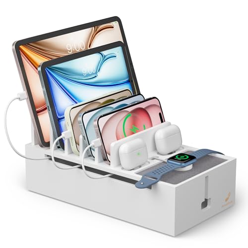 Pezin & Hulin Charger Station Organizer, No Power Charging Supply-White | Bamboo Cable Management Box, Power Strips and Cord Hider, Nightstand Device Organizer (Include 6 Cables) - color: White (No Charger)