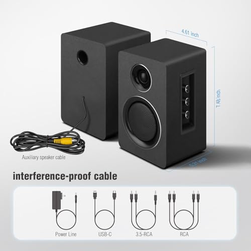 Computer Speakers, Bluetooth 5.3, USB-C, AUX/RCA, 3-Inch Woofer, Black | A 3-inch carbon fiber woofer and 1-inch silk dome tweeter in wood cabinets. For PCs, turntables, TVs, gaming and music. - color: Black