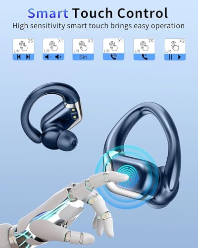 Wireless Earbuds, Bluetooth 5.4 Headphones Sport, 50H Deep Bass Sound Over Ear Buds with 4 ENC Noise Cancelling Mic, Dual LED Display, IP7 Waterproof Earphones with Earhook for Workout - color: Deep Blue1