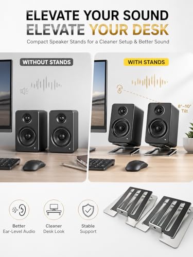 U-Z2 【2PACK】 Desktop Speaker Stands Pair for Small Speakers, Tilted Steel Tabletop Stands with Foam Padding, Fits Compact Studio Monitors, Computer Speakers (A/Black) - color: A/Black