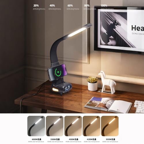 IHAO Multi Functional Smart Eye-Care Desk Lamp Wireless Charger & Digital Alarm Clock Gesture Control Adjustable Light 15W Fast Charging Hidden Phone Stand, Date Timer Display Wake-Up Light-TX79 Black - color: Table Lamp TX79 Black