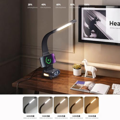 IHAO Multi Functional Smart Eye-Care Desk Lamp Wireless Charger & Digital Alarm Clock Gesture Control Adjustable Light 15W Fast Charging Hidden Phone Stand, Date Timer Display Wake-Up Light-TX79 Black - color: Table Lamp TX79 Black