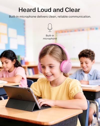 Belkin SoundForm Mini 2 Bluetooth Kids Headphones, On Ear, 55H Battery Life | Toddler headphones, 85dB Volume Limit, Built-in Mic, Wired Connection Option, iPad, Android Tablet, School, Travel - color: Pink