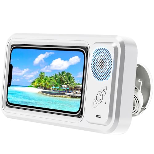 Shower Phone Holder with Wireless Bluetooth Speaker, Waterproof 480 Rotation Viewable Shower Phone Stand Case Mount Speakers for Bathroom Wall Mirro for 4"- 6.8" Cell Phones ,Gift for Mom(White) - color: White