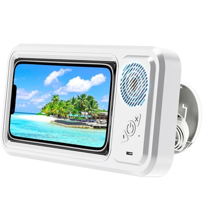 Shower Phone Holder with Wireless Bluetooth Speaker, Waterproof 480 Rotation Viewable Shower Phone Stand Case Mount Speakers for Bathroom Wall Mirro for 4"- 6.8" Cell Phones ,Gift for Mom(White) - color: White