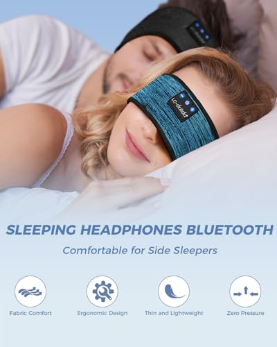 LC-dolida Boho Sleep Headphones Headband, Over Ear Bluetooth Headphones Wireless Womens Headbands, Wireless Earphones Sweat Resistant Band Music Sleeping Eye Mask Earbuds for Sports Unique Gifts - color: Beige Blue