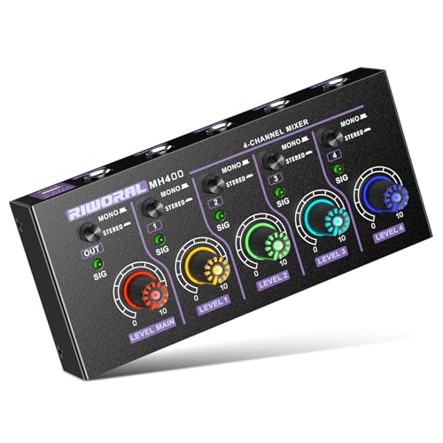 Mini Audio Stereo Mixer 4 Channel 1/4 Inch TSR/TS Audio Input Jack For Line Mixer Stereo/Mono Cutovers Compatible With Mic, Guitars Volume Amplifier Knob Mix Audio Output To Small Mixer & Speaker