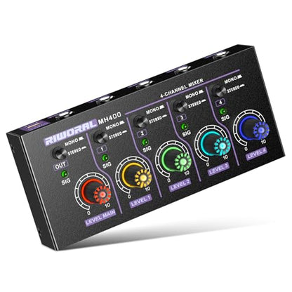 Mini Audio Stereo Mixer 4 Channel 1/4 Inch TSR/TS Audio Input Jack For Line Mixer Stereo/Mono Cutovers Compatible With Mic, Guitars Volume Amplifier Knob Mix Audio Output To Small Mixer & Speaker