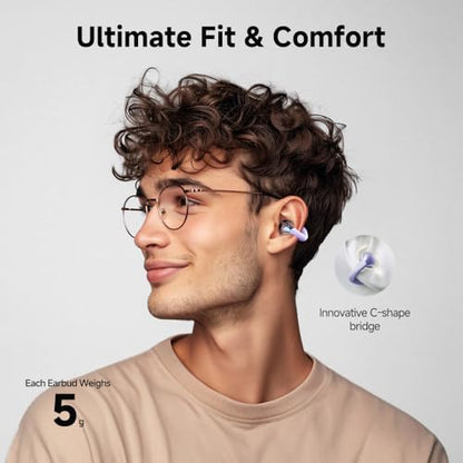QCY Crossky C30 Open Ear Headphones Wireless Bluetooth, Clip-On Earbuds with 4 ENC Noise Cancelling Mic, Stable Fit, Dual Connection, EQ Customized, Sports Earphones for Workout/Running - color: Purple