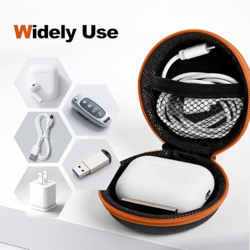 1 Pack Round Earbud Case Storage Bag with Carabiner, Orange | Travel kit, EVA earbud case, For Wired/Wireless Earphones, chargers, Tech pouch
