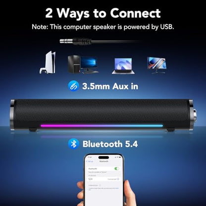 aowoka Computer Speakers, USB Powered PC Speakers, Hi-Fi Stereo Computer Sound Bar with Bluetooth & 3.5mm Aux, Computer Desktop Speaker with Multifunctional Knob，Gaming Speakers for pc, Laptop