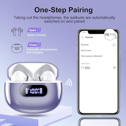 Wireless Earbuds, 2025 New Bluetooth 5.3 Headphones with LED Power Display, HiFi Stereo Deep Bass 48H Playtime 4 ENC Noise Cancelling Mic, in Ear Earphones IP7 Waterproof for Sport Walk - color: Silent Purple