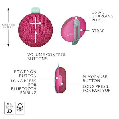 Ultimate Ears MINIROLL Waterproof Bluetooth Speaker - Calming Pink | Balanced Bass, IP67 Dustproof, 131 ft (40 m) Range - color: Pink