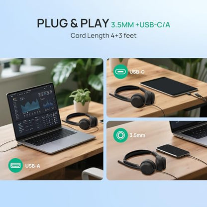 Yealink UH42 SE Wired Headset, USB-A/C & 3.5mm,in-Line Controls, On-Ear | Stereo Computer Headphones, Teams/Zoom Certified, Noise Cancelling Microphone, PC/Laptop/Phone, 7ft Cable, Call Center,Office - color: Dual-Ear, size: 3.5mm & USB-C/A