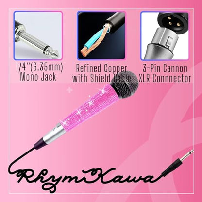 Black XLR Wired Vocal Microphone with Pink Rhinestone Sleeve | Wired Mic Uses Cardioid Pickup For Focused Vocals; 11.5-Ft Lead And Pink Crystal Cover and Band Suit Stage Or Karaoke