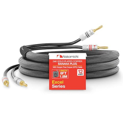 Nakamichi 24k Gold Plated Banana Plugs with 12 AWG Speaker Cable 99.9% OFC | Oxygen-Free Copper, Excel Series, Heavy Duty Braided for Amplifier Receiver Hi-Fi Stereo Audio Wire - Black (6 feet / 1.8m) - color: Black (12 AWG), size: 6-Feet (1.8m)