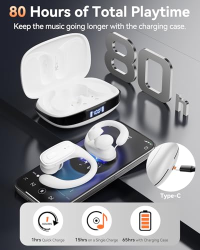 LEEMC Wireless Earbuds, Bluetooth Headphones 5.4, 80Hr Playtime Ear Buds with Hooks for Sports, Noise Canceling, LED Display, IPX7 Waterproof Earphones for Workout Running, Purewhite