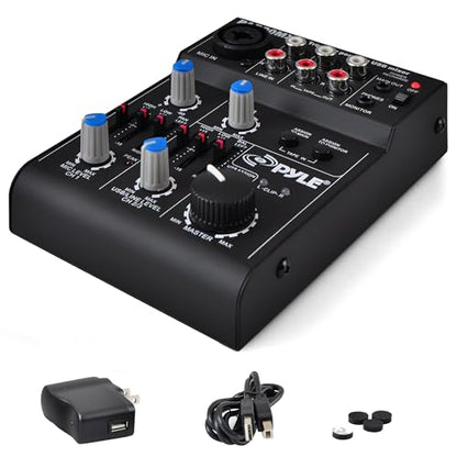 Pyle 5-Channel Rechargeable Mini Portable Audio Mixer – Compact Music Mixer DJ Controller with USB Interface, Slider EQ Controls, XLR Combo Mic Input, Rechargeable Battery, USB/Line/Master Controls