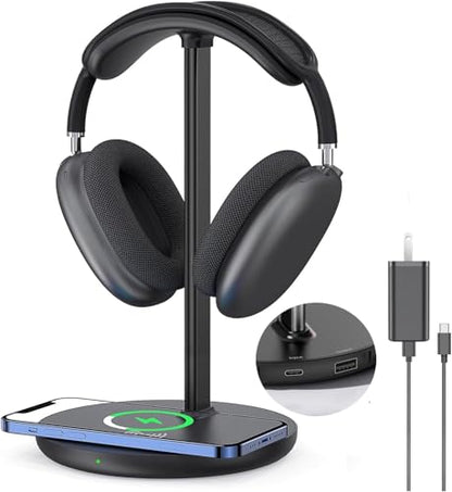 Miroddi Headphone Stand with Wireless Charger, Independent USB Charging Port, 5 in 1 Charging Station Headset Holder Rack for AirPods Max/Pro/4/3/2, iWatch, iPhone, Samsung and Desk Headphones, Black - color: Black-Upgrade