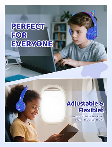 Bluetooth Headphones Wireless Cat Ear 60H/8H with LED Light Mic Blue | Adjustable Headband Foldable Over-Ear Headset for Kids/Tablet/iPad/Laptop,HD Stereo Sound,Aux Aux 3.5mm - color: Blue