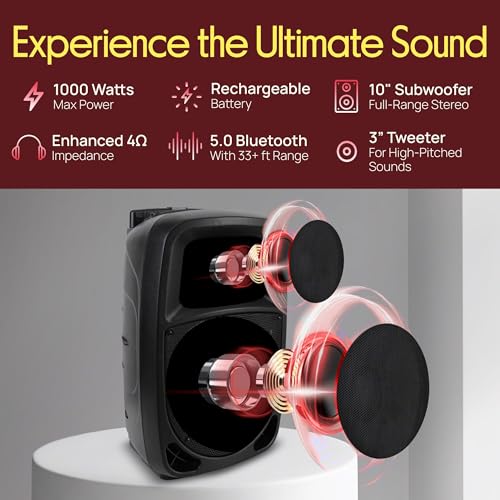 Pyle PSBT105A - 1000W Portable Bluetooth PA Speaker, 10'' Subwoofer, UHF Wireless Mic, MP3/USB/SD, Rechargeable Battery, LED Battery Indicator Lights, Black - size: 10 inches