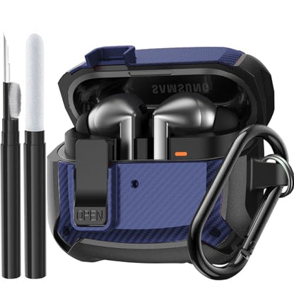 Compatible Samsung Galaxy Buds 3 Pro Case/Bud 3 Cover Clip with Cleaner Kit, Military Shell Protective Armor Case Cover with Lock & Carabiner for Galaxy Buds 3/3 Pro 2024 Men Women Black Blue - color: Black-Blue
